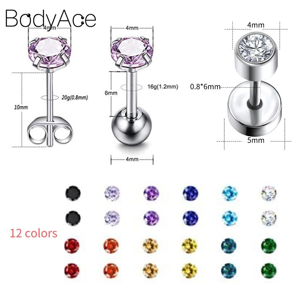 Set 12 Khuyên Tai Thép Không Gỉ Đính Đá Nhiều Màu Cá Tính