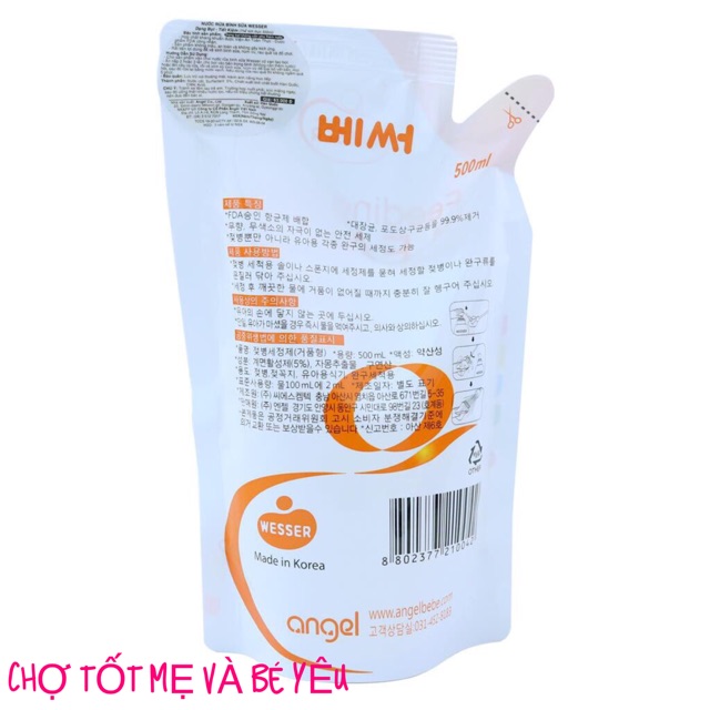 NƯỚC RỬA BÌNH SỮA WESSER 500ML DẠNG TÚI (nước rửa bình và rau củ Hàn Quốc)