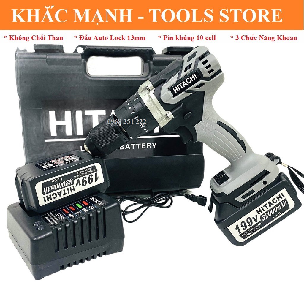 Máy Khoan Pin HITACHI 199V Không Chổi Than, Đầu Auto Lock Thép 13mm, Tặng Bộ Phụ Kiện