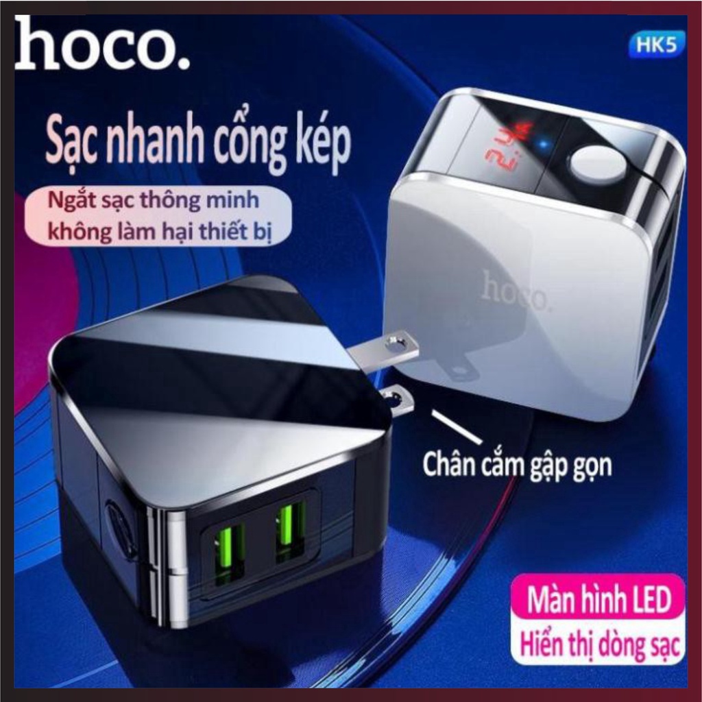 Cục sạc nhanh, cốc sạc nhanh chính hãng HOCO HK5 Tự Ngắt Thông Minh khi đầy pin, 2 Cổng USB 2.4A bảo vệ pin khi quá dòng