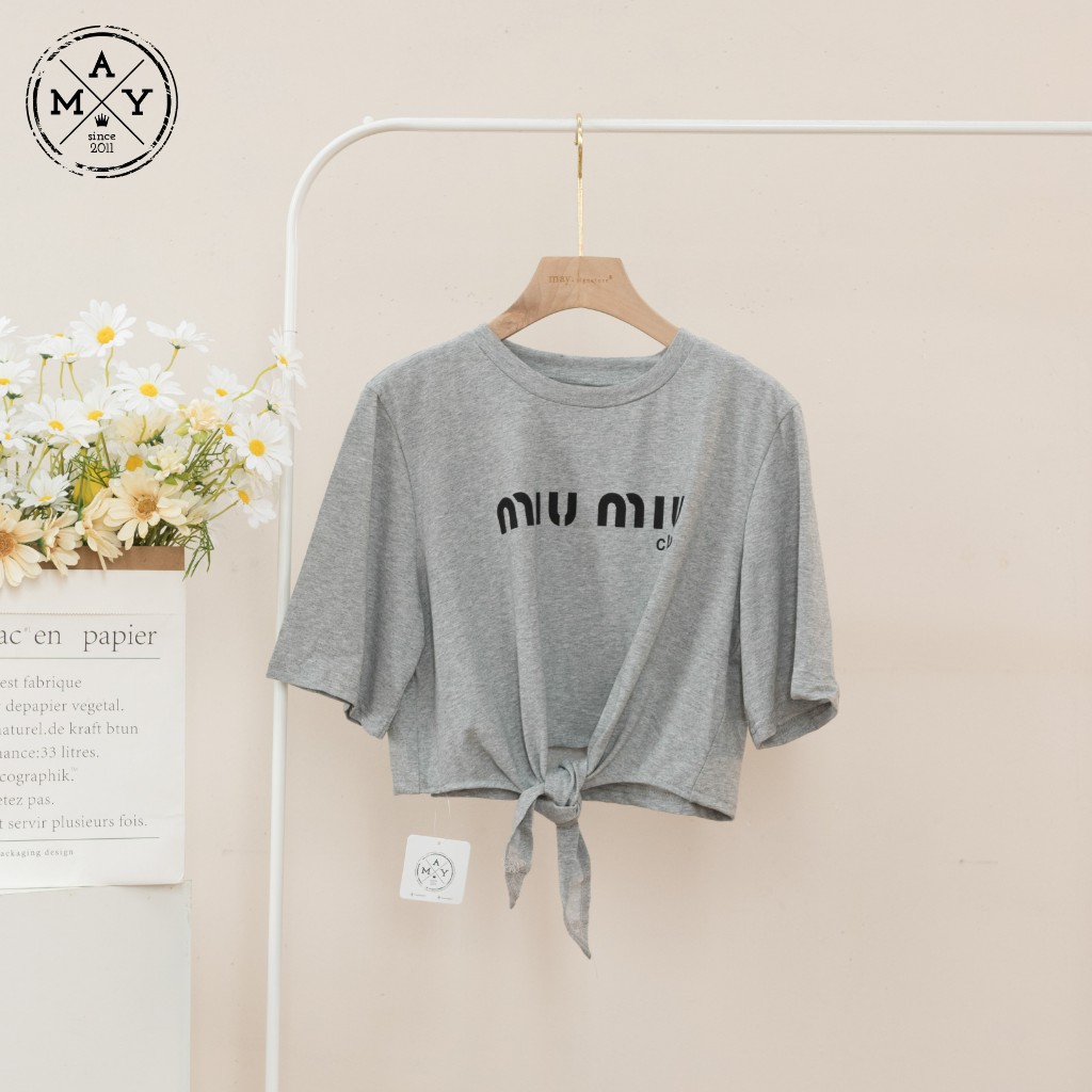 Áo Phông Croptop Nữ Tay Ngắn MAY.SINCE2011 Họa Tiết Chữ Miu Miu Chất Liệu Cotton Thoáng Mát Cho Nữ MAH05-0341