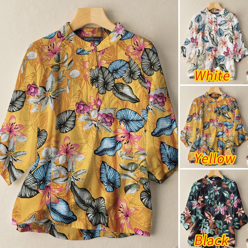 Áo kiểu ZANZEA cổ đứng in họa tiết cây lá nhiệt đới phong cách retro thời trang dành cho nữ