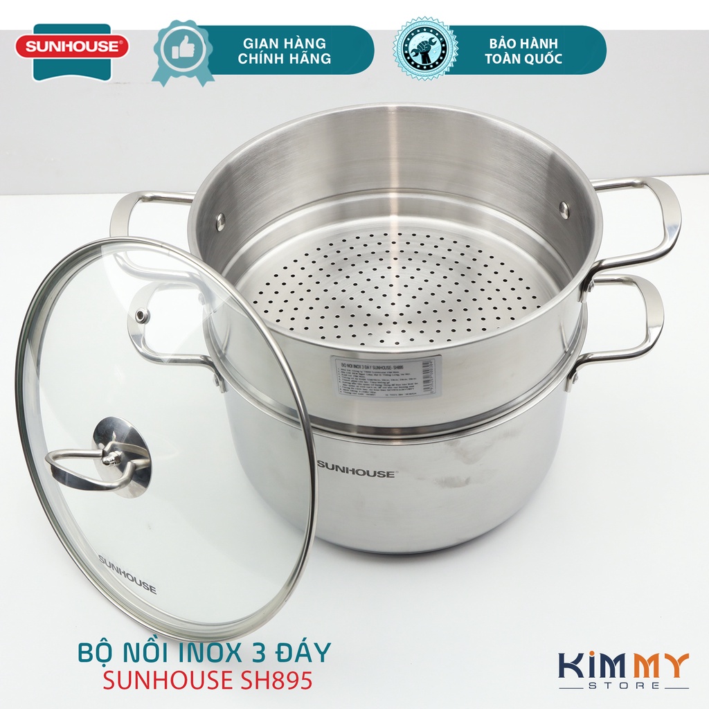BỘ NỒI INOX 3 ĐÁY SUNHOUSE SHG895 KÈM XỬNG HẤP - DÙNG CHO MỌI LOẠI BẾP