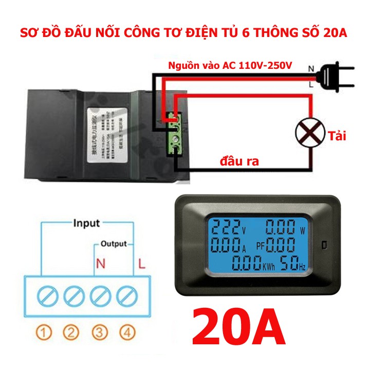 Công tơ điện tử 100A 6 thông số AC 100A/20A 110~250VAC 22kW ,Đo Công Suất, Điện Áp, Cường Độ Dòng Điện