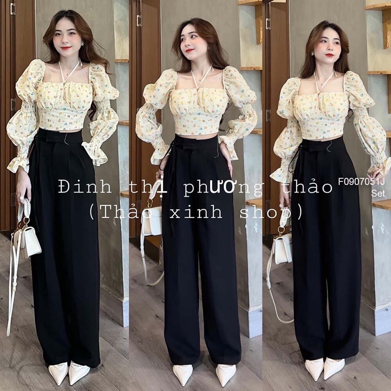 Set áo croptop hoa cột dây tay bo chun kiểu kèm quần TT0907