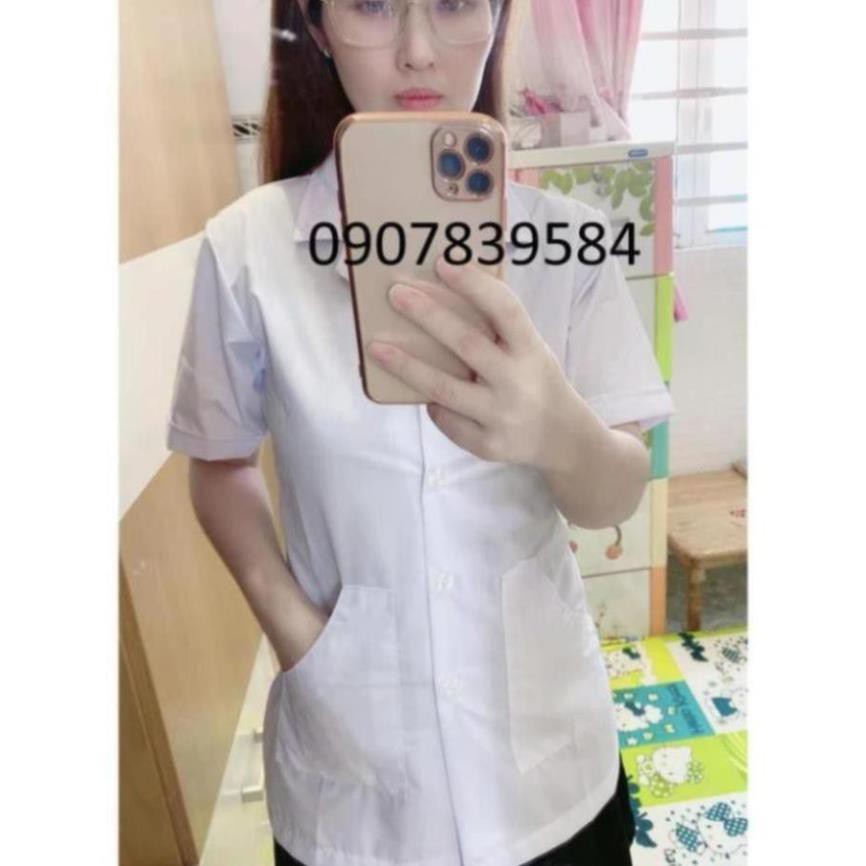 Áo blouse dược sĩ trắng nam, nữ