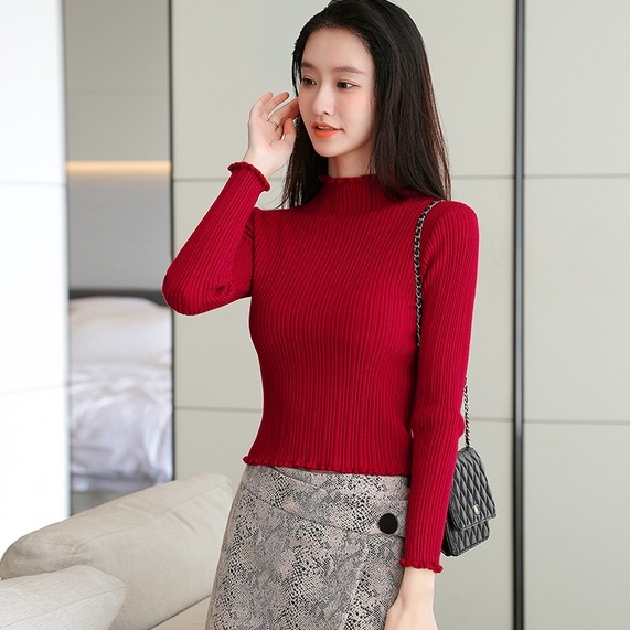 Áo sweater ZHELIHANGFEI tay dài cổ lọ màu trơn ôm dáng thời trang trẻ trung cho nữ