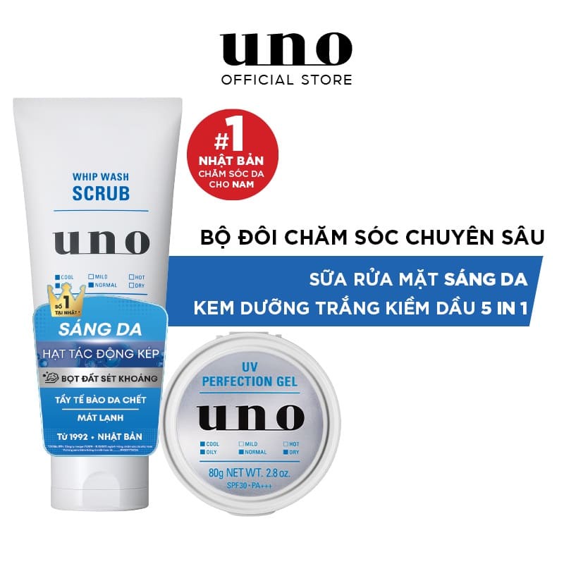 Bộ đôi Sữa rửa mặt UNO sáng da 130g & Dưỡng trắng - kiểm soát nhờn ban ngày SPF30 PA+++