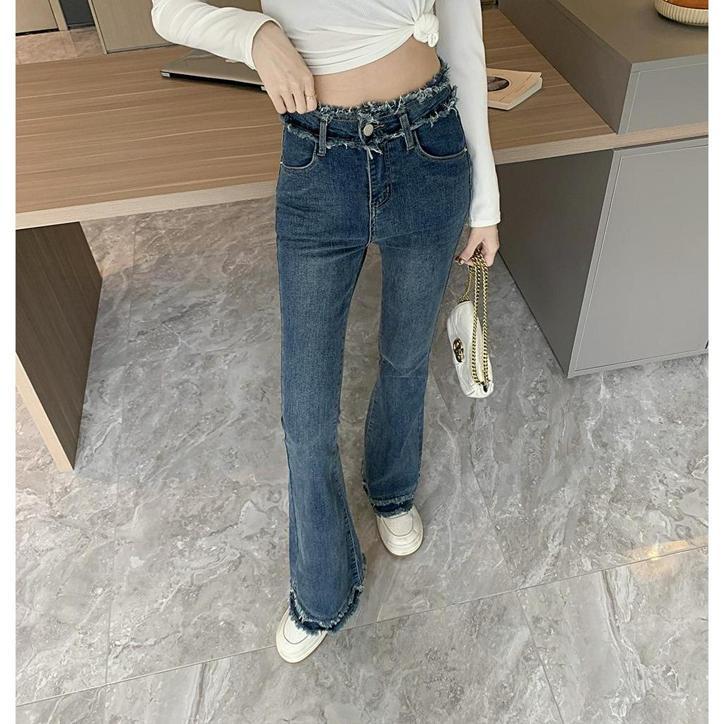 Quần Jean Nữ Ống Loe Lưng Cao Co Giãn Phong Cách Retro Mùa Thu Mới