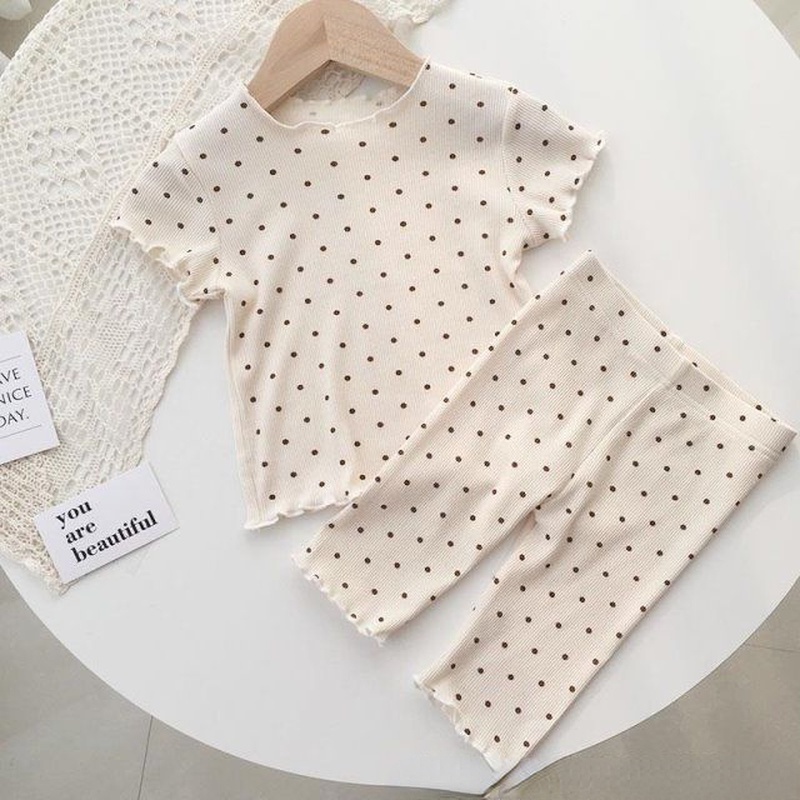 Bộ Đồ Ngủ Áo Tay Ngắn + Quần Cotton Họa Tiết Chấm Bi Dành Cho Bé Gái 1-7 Tuổi