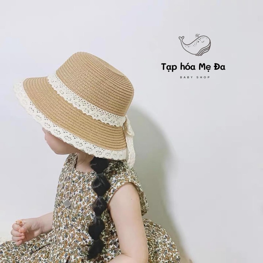 Mũ/nón cói viền ren 2 tầng thắt nơ xinh xắn phong cách vintage Hàn Quốc freesize cho bé từ 3 đến 10 tuổi