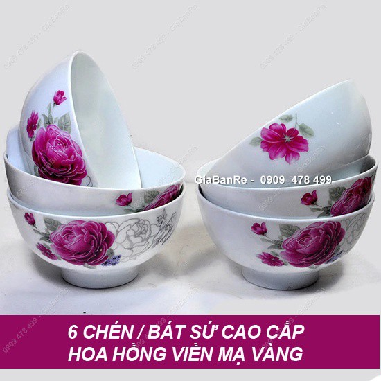 Bộ 6 Chén Sứ Mạ Vàng Viền Hoa Hồng Cao Cấp - 6041