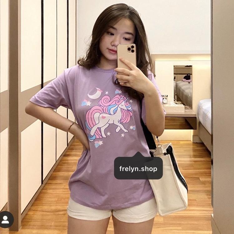 (Mtw.20Ag21) Áo thun in hình UNICORN LILAC OVERSIZE TSHIRT | Áo thun màu tím in chữ BERSHKA DISNEY BASIC KIDS cho bé