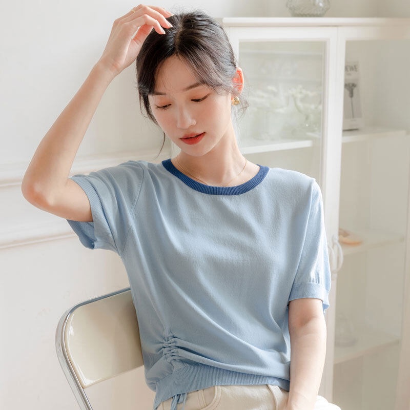 Áo thun YEYA tay ngắn cổ tròn vải lụa lạnh mỏng màu trơn phối dây rút cá tính cho nữ