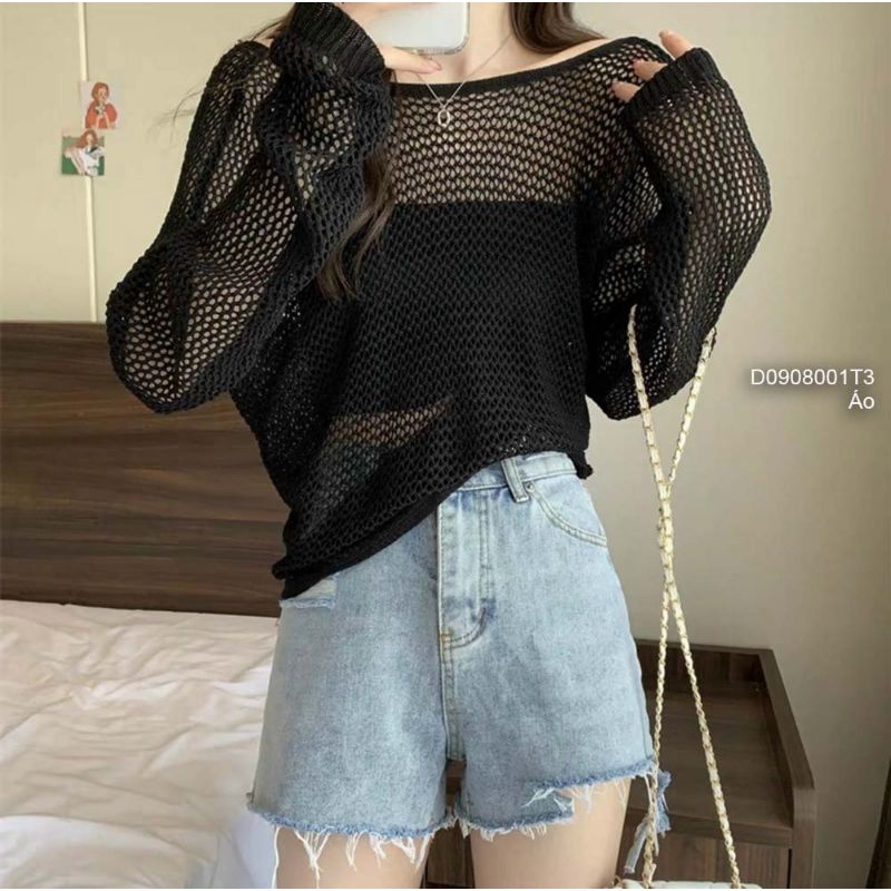 Áo len lưới xoắn lưng gắn dây chuỗi ngọc tay dài hàng QC!
