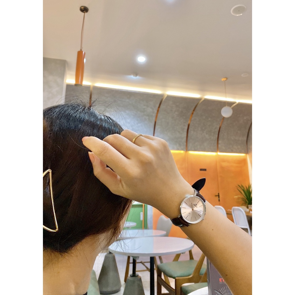 Đồng hồ nữ Draco D22-STN02 &quot;Classic Girl&quot; trắng kết hợp chất liệu dây da bò màu nâu - phụ kiện thời trang nữ nhẹ nhàng