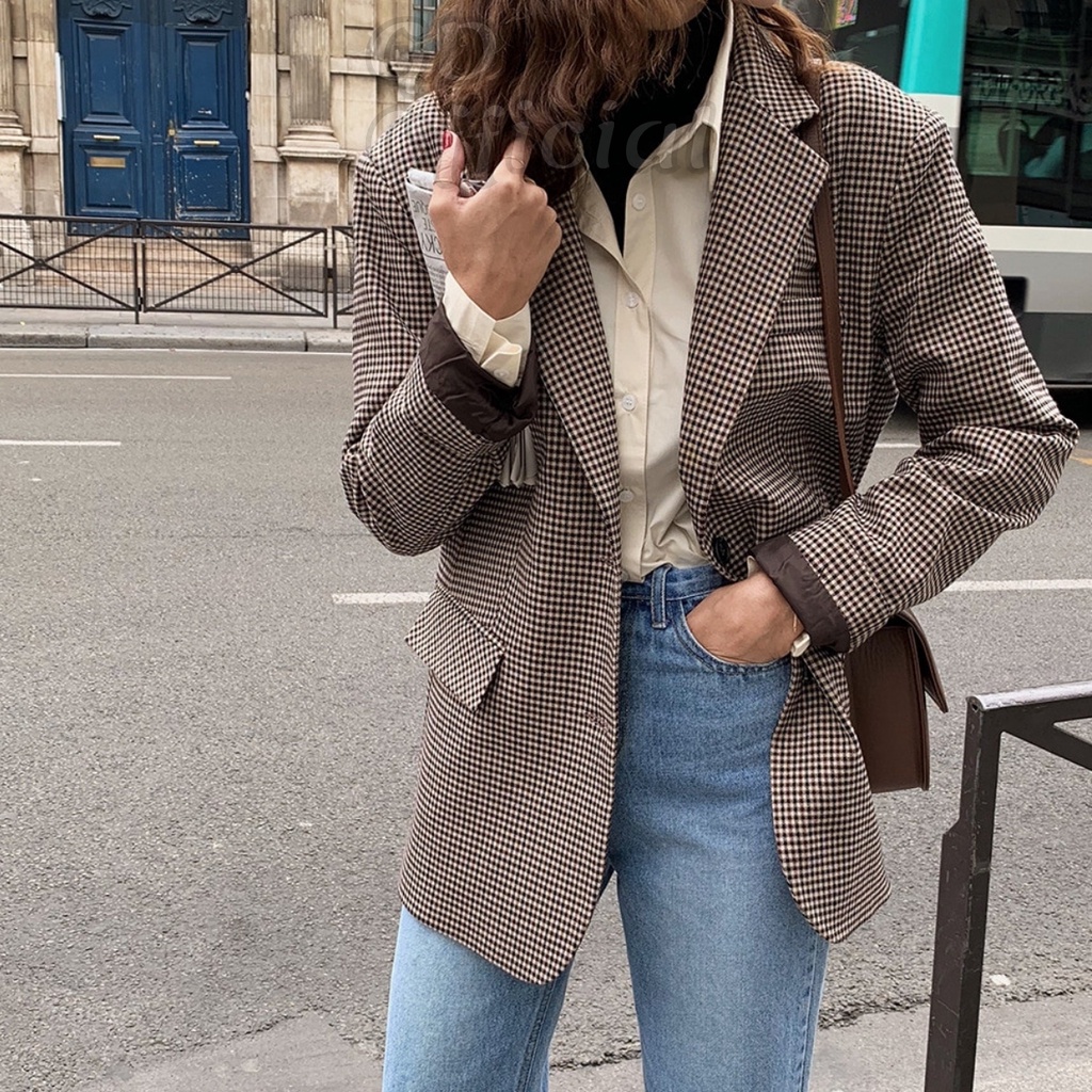 K41|Áo blazer nữ dáng vest tây khoác gió retro dài tay sọc caro nâu kaki rộng thụng suông trơn GD Official