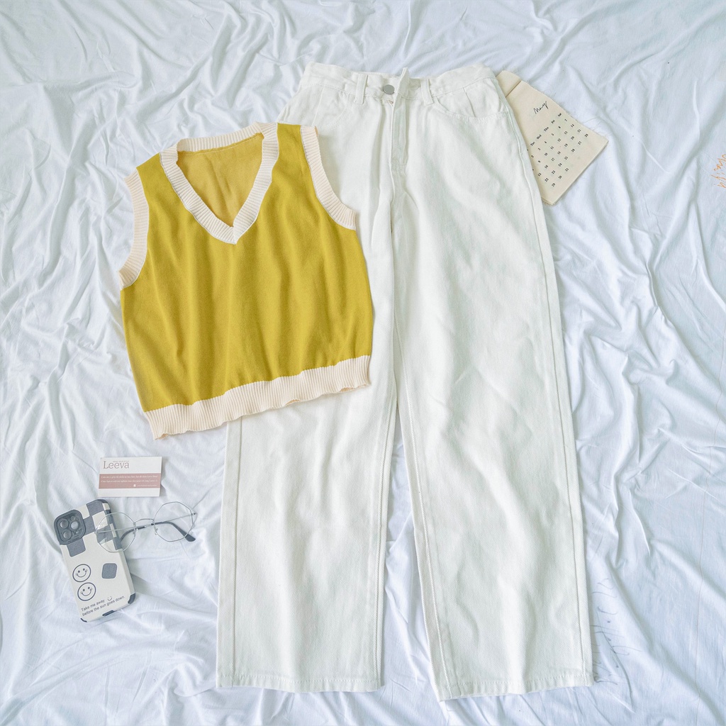 LEEVA - Quần jeans trắng ống suông dáng baggy phong cách cá tính Q016