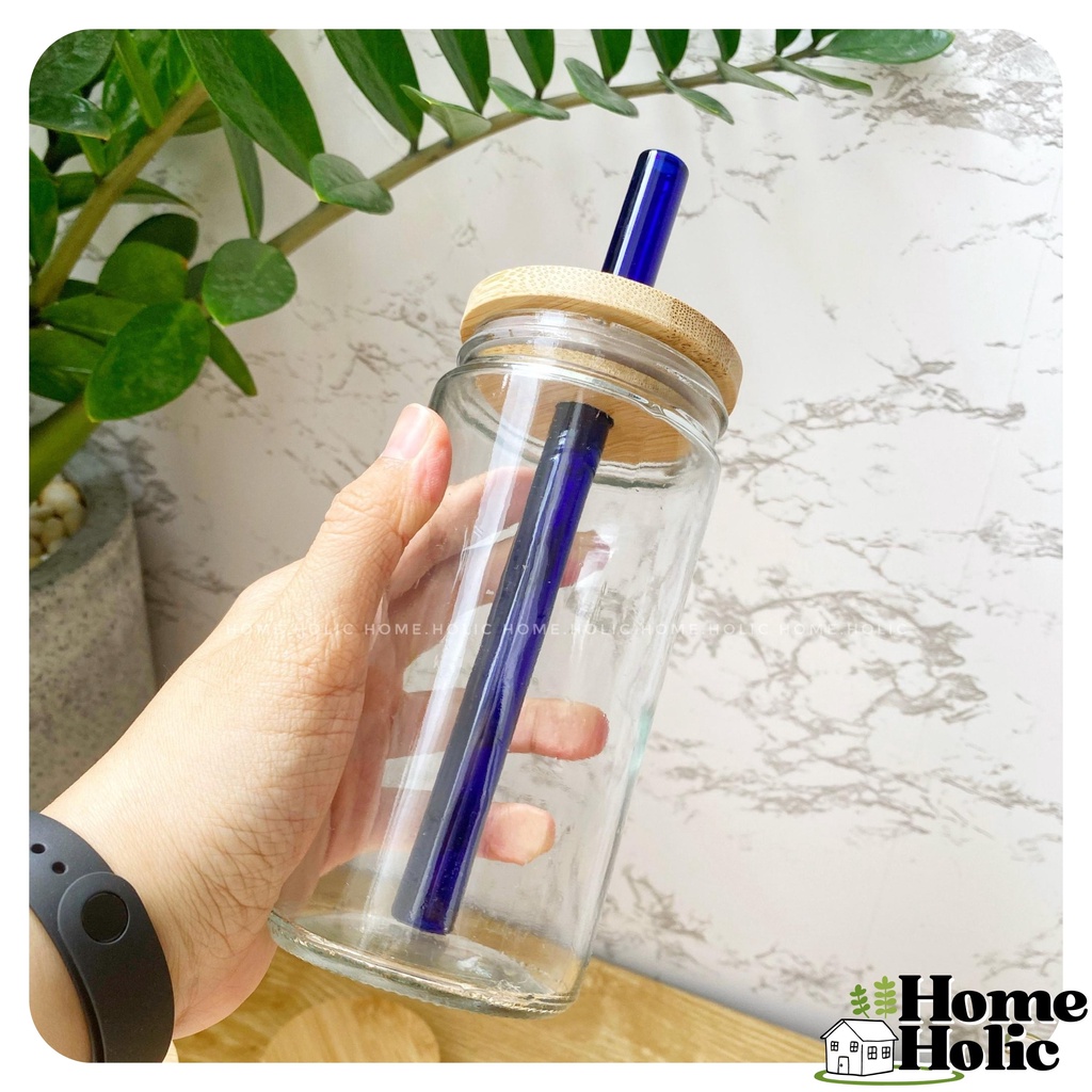 Bình Trà Sữa Thuỷ Tinh Nắp Gỗ Tre Có Ống Hút trân Châu Borosilicate 1000ml Homeholic