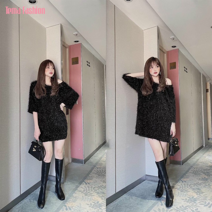 Váy Lông Nữ Cổ Tròn TEMA - Váy Nữ Tay Dài Lông Tua Rua Kèm Belt | BigBuy360 - bigbuy360.vn