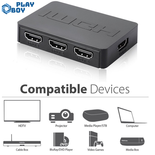 HDMI Splitter 3 Port Hub Box Auto Switch 3 In 1 Out Switcher 1080p HD with Remote Control for PS3