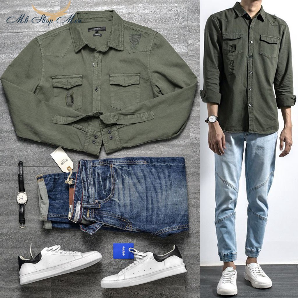 Áo Sơ Mi Nam Rách Cổ Bẻ, chất vải DENIM, dễ kết hợp với quần jean hỗ trợ 40k đơn hàng từ"200k" tại Shopee - Dài tay