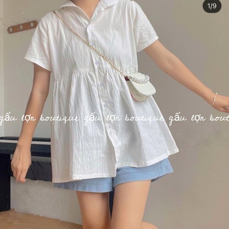 Áo babydoll cộc tay cổ bẻ chất thô ulzzang