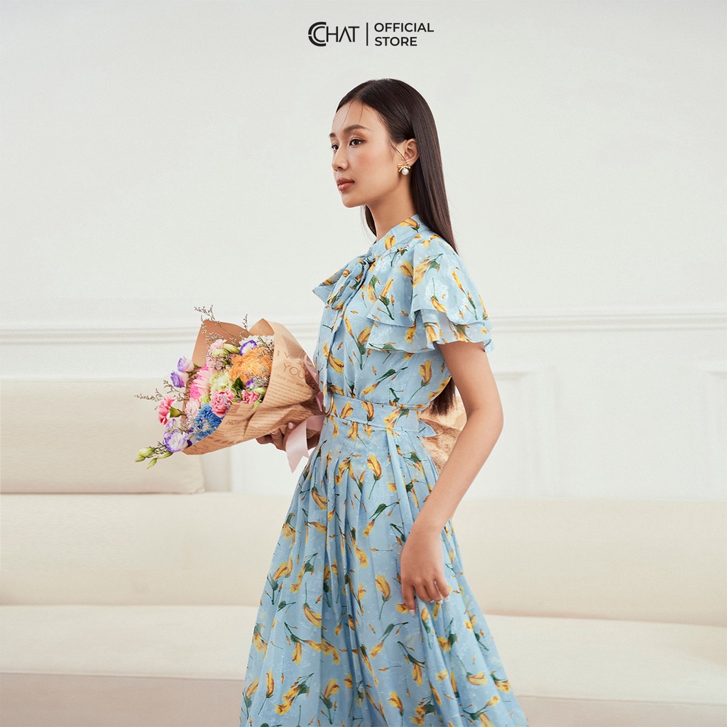 Đầm Nữ 𝐂𝐂𝐇𝐀𝐓 Họa Tiết Cổ Nơ Tay Xòe 2 Lớp Chất Voan Phong Cách Trẻ Trung Thanh Lịch 12VNV5002XT