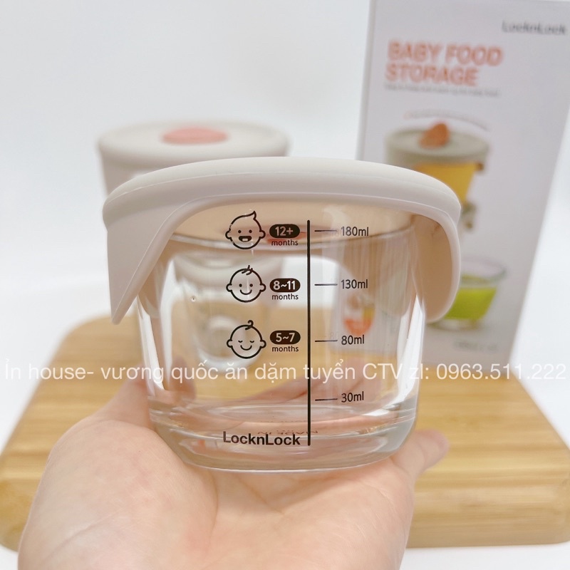 Cốc,Bát (Hũ) thủy tinh chia vạch Lock&amp;Lock LLG508 nắp silicon dung tích 230ml đựng thức ăn cho bé theo từng tháng tuổi