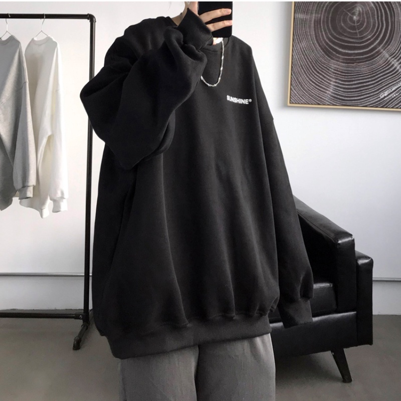 Áo Sweater cổ tròn dáng rộng màu trơn in chữ đơn giản dễ phối đồ cho nam