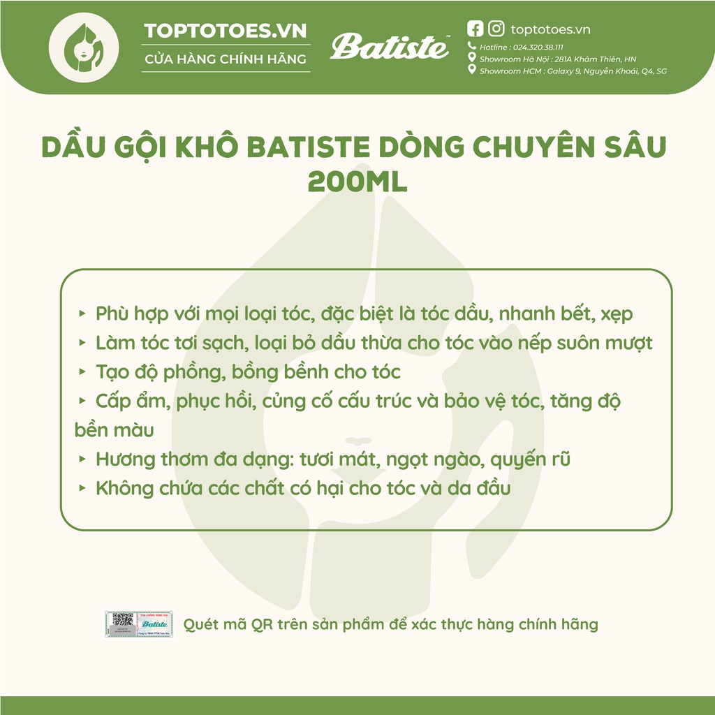Dầu gội khô Batiste Dry Shampoo dòng chuyên sâu giải quyết mọi vấn đề về tóc 200ml