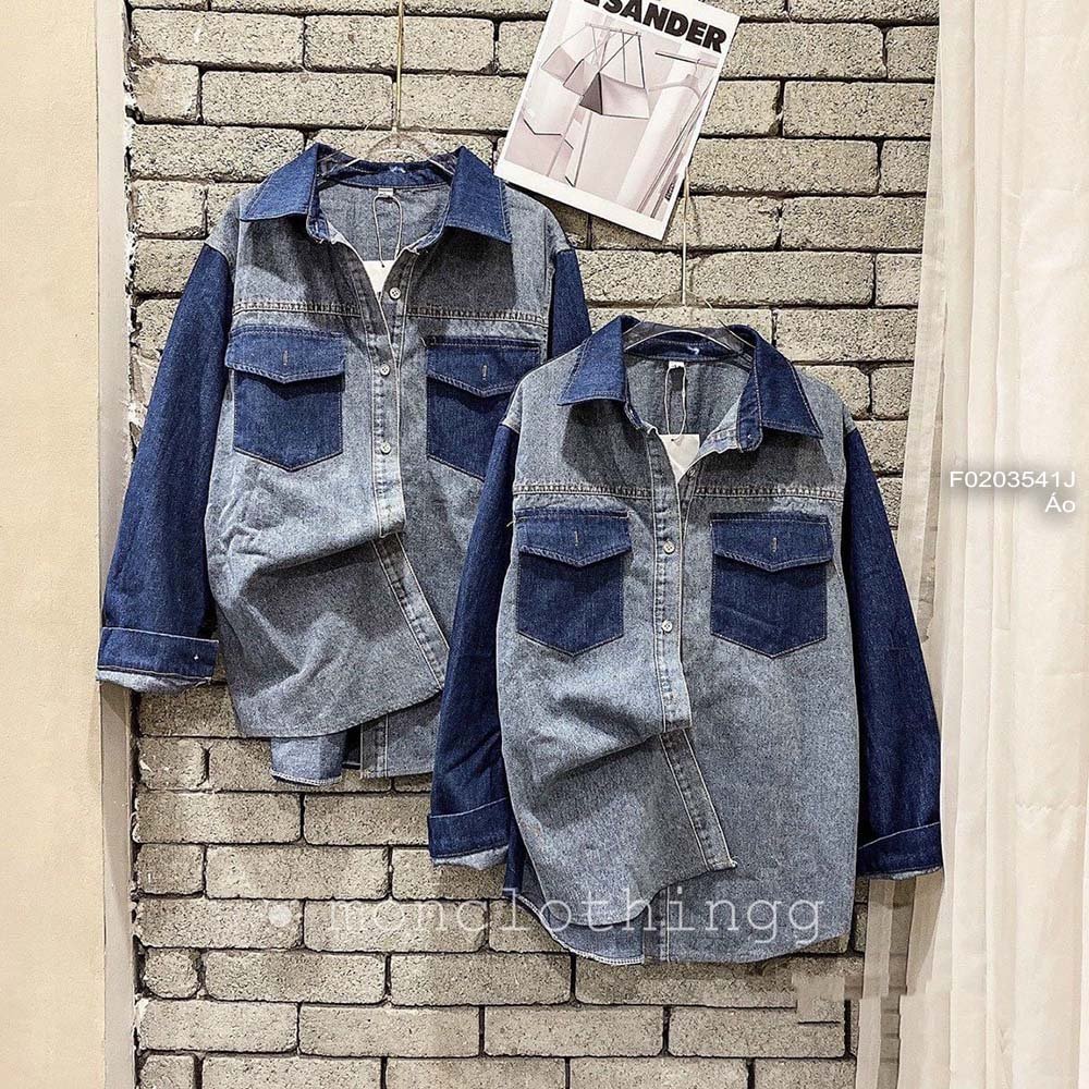 Áo sơ mi jean hai túi form rộng tay dài phối màu!