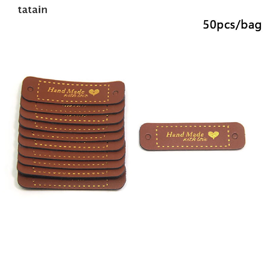 [TAT] 50Pcs Bronzing PU Leather Tags Handmade With Love Labels Sewing Craft DIY Tags CVX