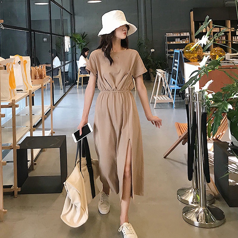 Đầm Dài Qua Gối Tay Ngắn Dáng Rộng Xẻ Tà Phong Cách Hàn Quốc Thời Trang Mới Cho Nữ