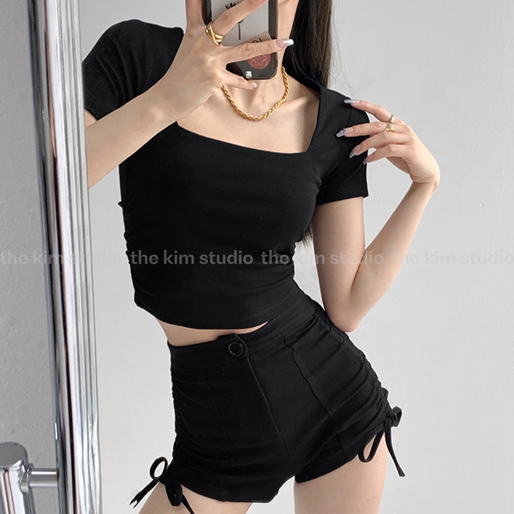 Áo thun croptop tay ngắn THE KIM , áo cổ vuông cho nữ nữ may hai lớp vải A112