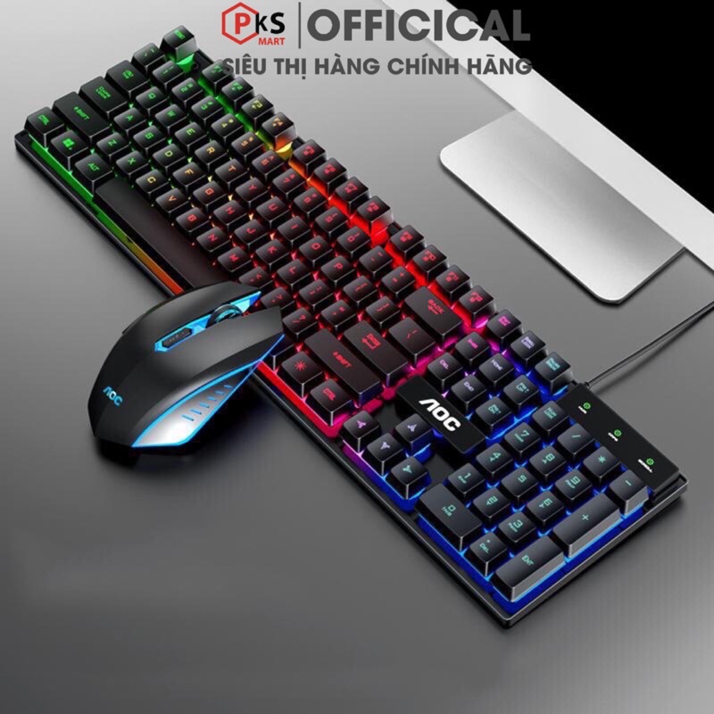 Bàn Phím Chuột Gaming Giả Cơ Có Dây AOC LED Xuyên Chữ Không Âm Thanh Gõ Siêu Êm Bền Đẹp Theo Thời Gian