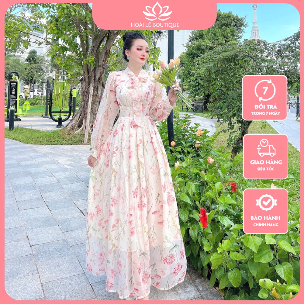 Váy maxi thắt nơ dài tay màu kem hoa hồng tay bồng cực xinh dáng dài dự tiệc hay du lịch biển đều đẹp