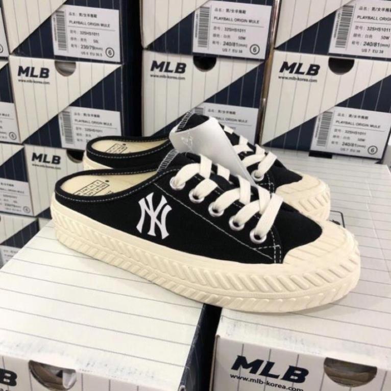 Giày sục đạp gót mlb ny màu đen trắng , giày dép sneaker nữ kiểu dáng lười đẹp full box bill | BigBuy360 - bigbuy360.vn