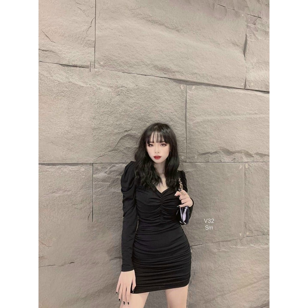 Váy đầm nữ body tay dài nhún thân HT71 AM