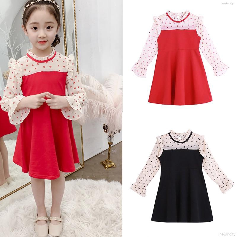 Đầm tay dài phồng in họa tiết trái tim phong cách Hàn Quốc thời trang cho bé gái