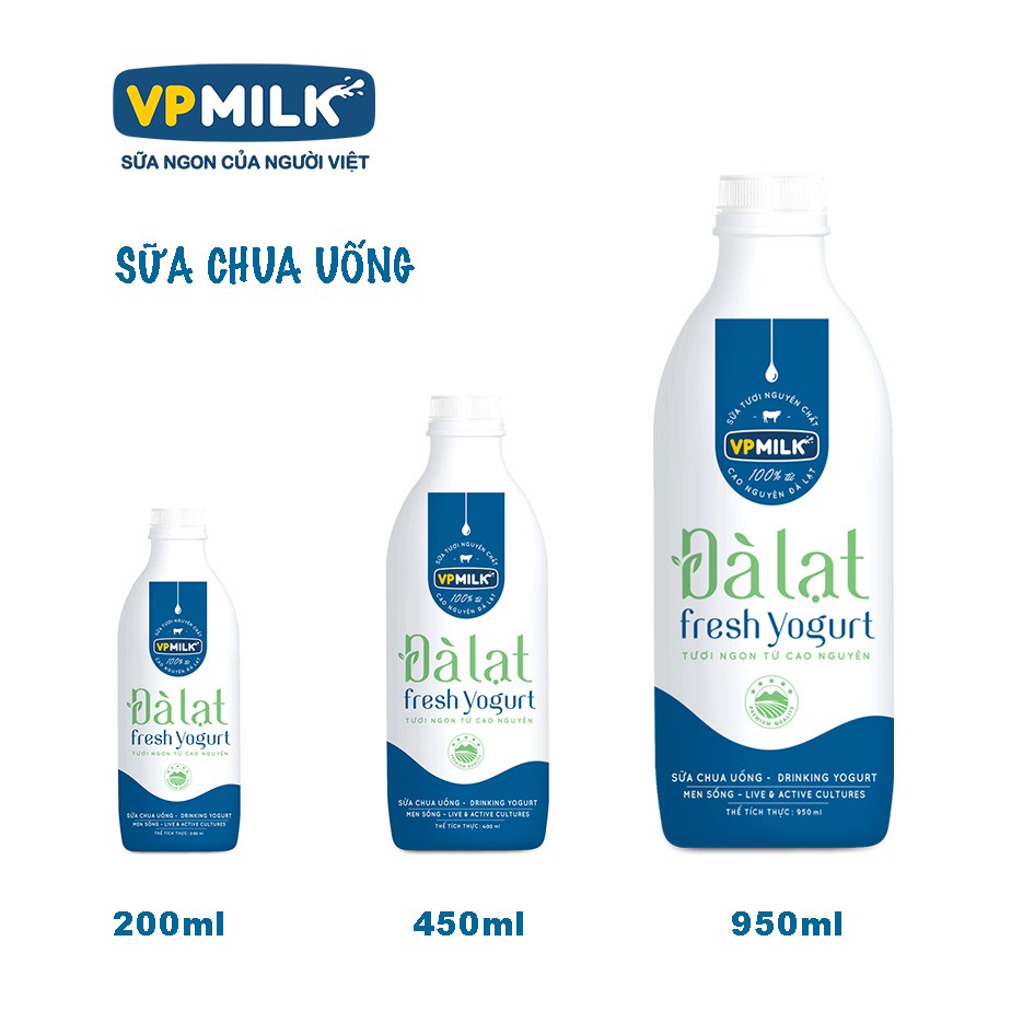 15 chai Sữa chua uống VPMilk Đà Lạt Fresh Yogurt - dành cho mọi lứa tuổi (200ml - 450ml - 950ml)