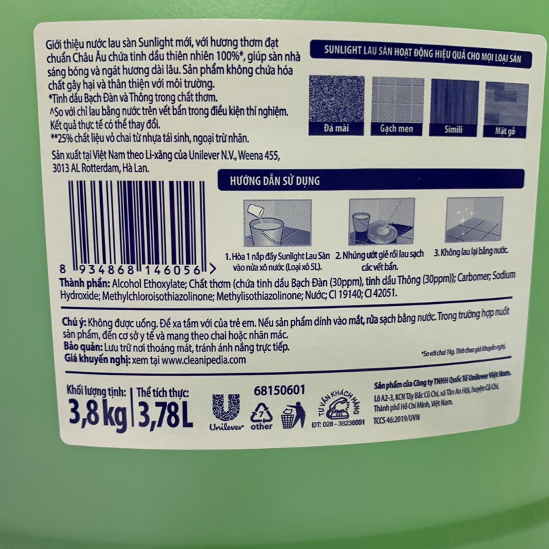 Sunlight lau sàn can lớn 3.8kg siêu tiết kiệm dùng trong nhà nghỉ, khách sạn, văn phòng, nhà máy, hộ gia đình