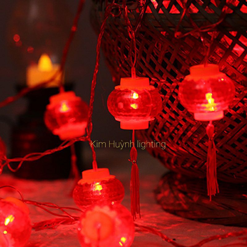 Dây đèn led lồng đèn pha lê, dây đồng tiền đỏ trang trí lễ Tết