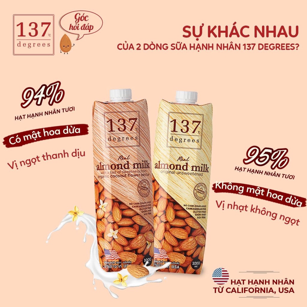 Sữa hạt óc chó, hạnh nhân nguyên chất 137 Degrees Thái Lan các vị- Hộp 180 ml, date mới