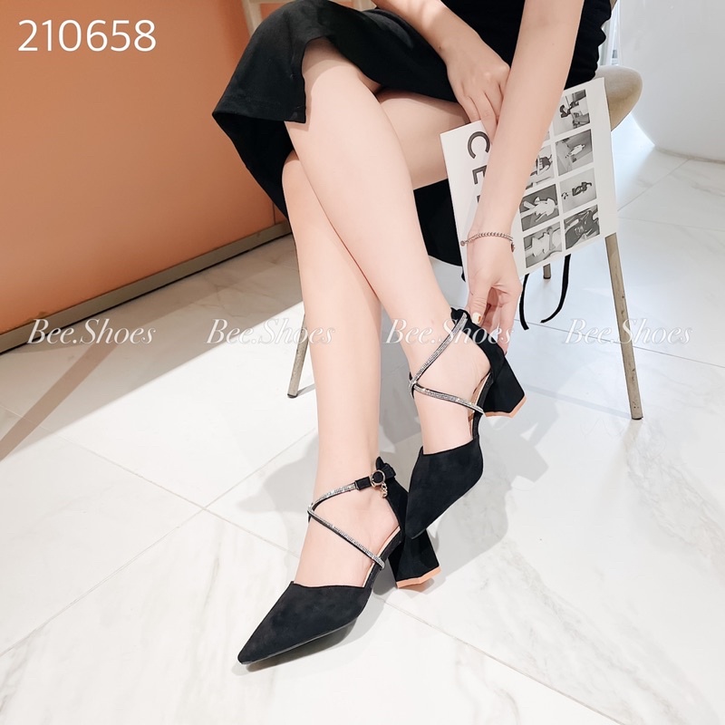 BEESHOES - GIÀY CAO GÓT BEESHOES DÂY ĐÁ SIÊU XINH GÓT TRỤ 7 PHÂN SẴN MÀU ĐEN 210658