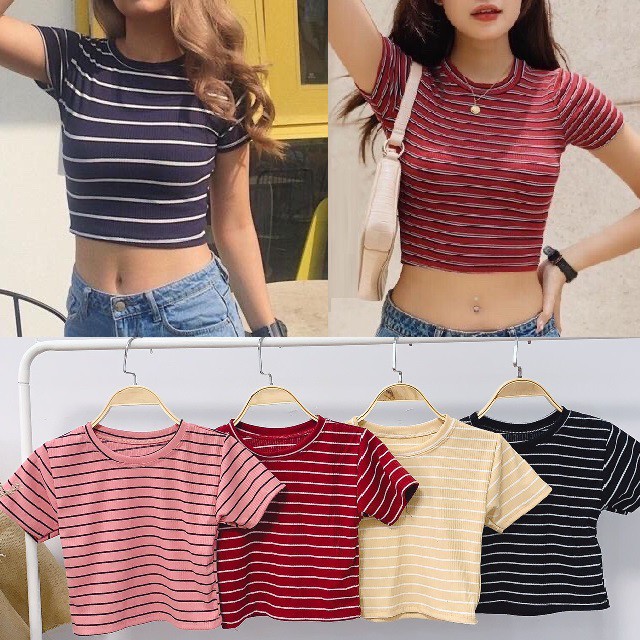 Áo croptop sọc ngang cổ tròn  JOY BABE style Ulzzang xinh xắn  thun mịn đẹp ôm body co giãn xịn năng động CRON 172 -7B