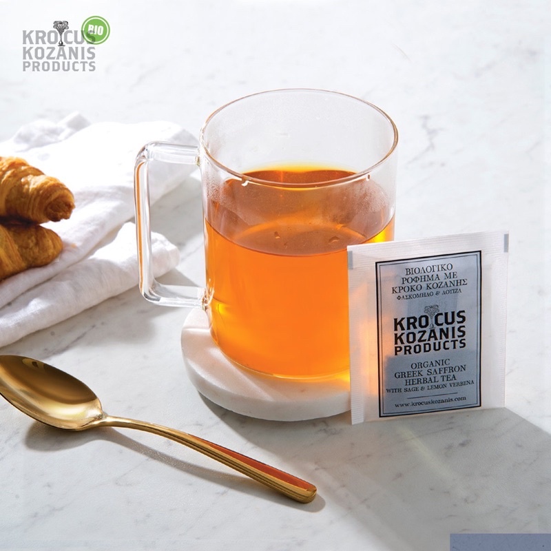 Trà thảo mộc hữu cơ với xô thơm, lemon verbena và saffron Hy Lạp nhãn hiệu Krokos Kozanis hộp 18g