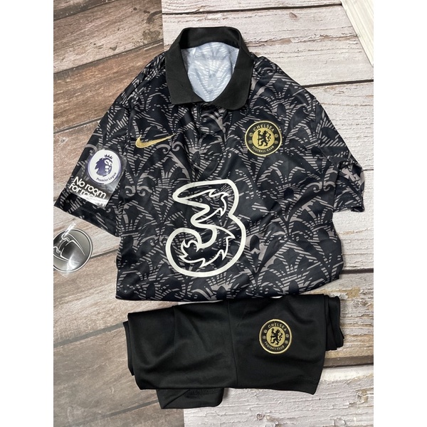Set Bộ quần áo thể thao bóng đá nam nữ vải gai thái clb chelsea áo đen 3D hoa văn quần đen 2022 223 💋