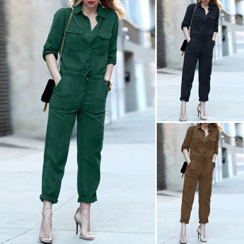 Jumpsuit Zanzea dài lưng thun dây rút màu trơn thời trang cho nữ
