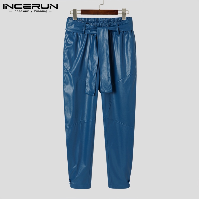 Quần da INCERUN dáng dài lưng thun thắt cột dây 2 màu đơn giản tùy chọn cho nam